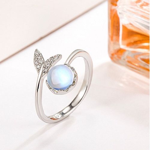 White Gold Fish Tail Ring, Whale Tail Ring, Mermaid Tail Moonstone Ring | E105