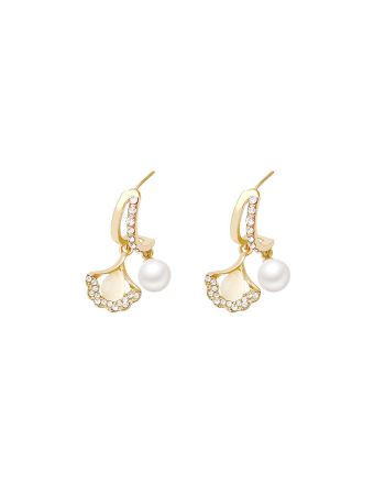 Ginkgo Leaf Hoop Earrings with Dangle Pearl | A8079